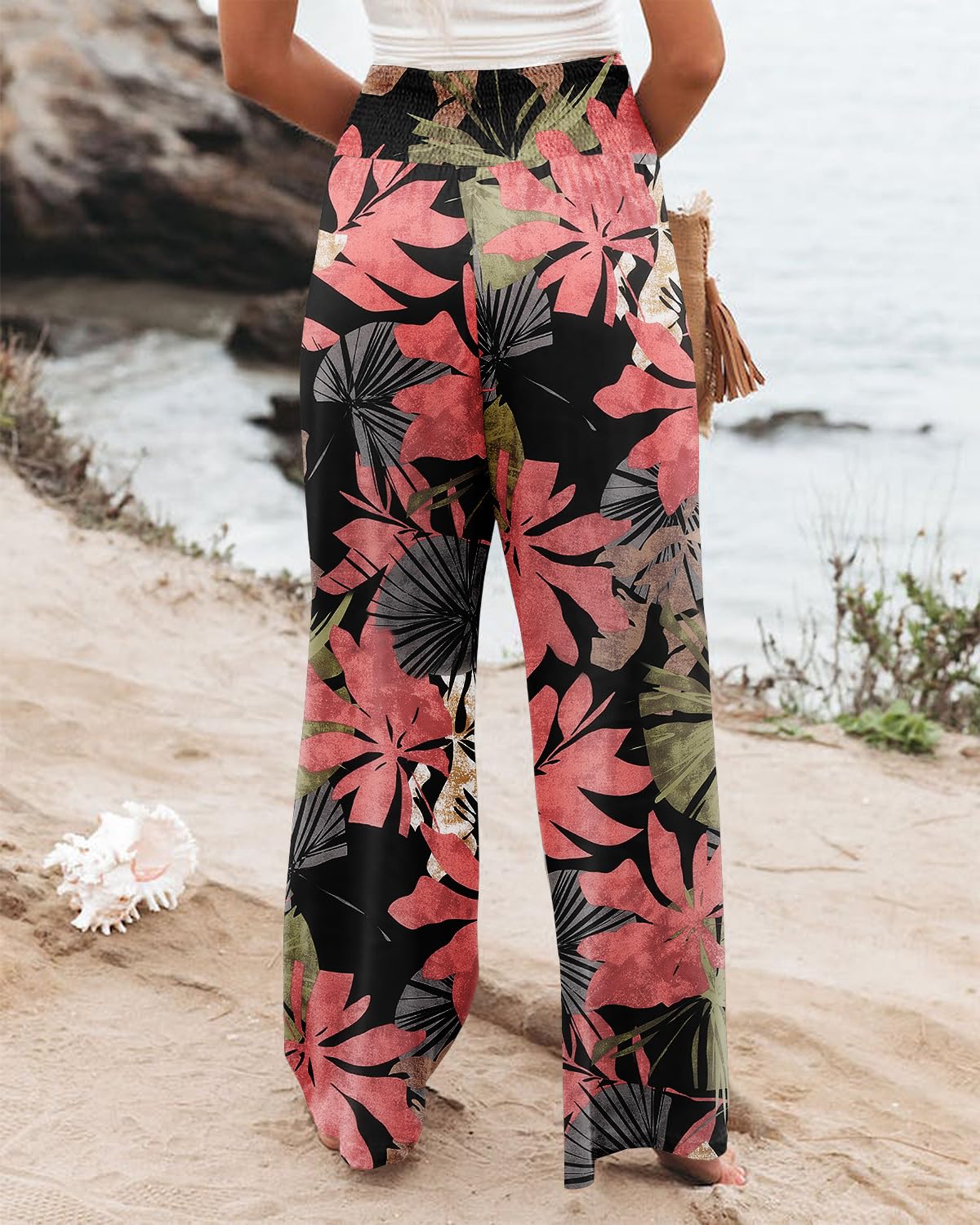 Angerella Womens Smocked Elastic Waisted Palazzo Pants Casual Wide Leg Floral Printed Long Lounge Pant Trousers with Pocket BlackCoral M