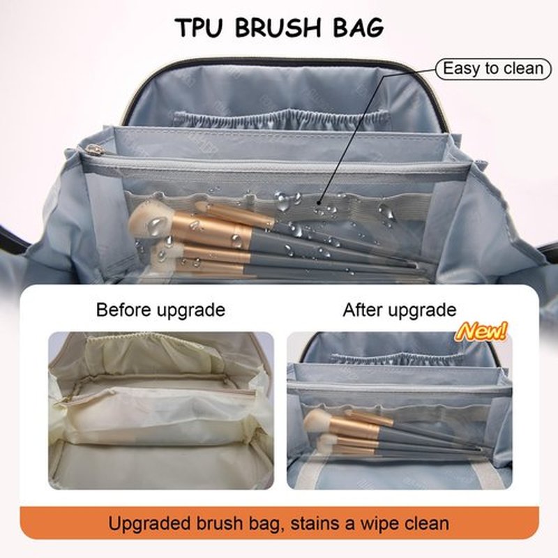 Travel Makeup Bags Cosmetic Organizer Bag: 3-Set Large Capacity Make up Bag - PU Leather Toiletry Bag for Women - Wide Open Portable Pouch with Divider & Handle (09-Orange brown)