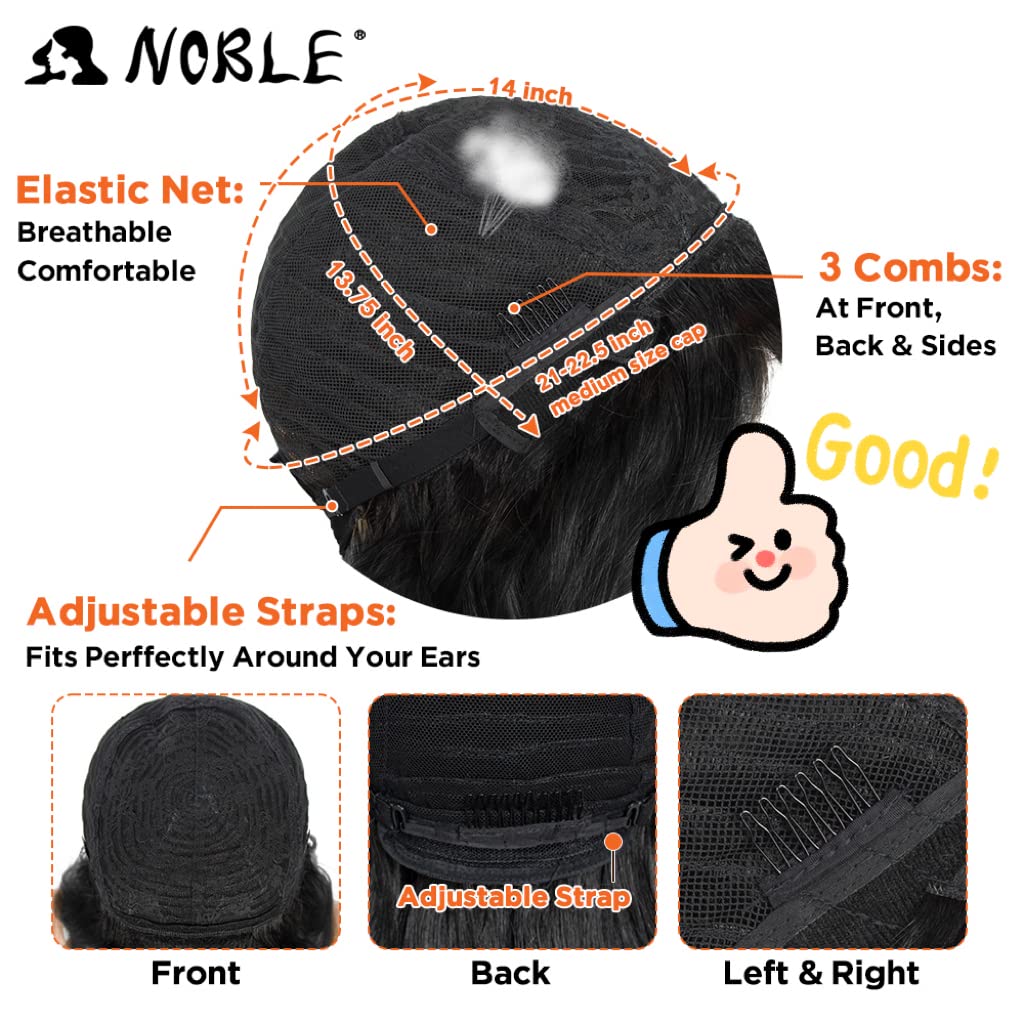 NOBLE Short Black Wig with Bangs Bob Curly Wavy Wigs with Bangs for Women Natural Black Heat Resistant Synthetic Fiber Wigs for Daily Party Cosplay Costume Wigs