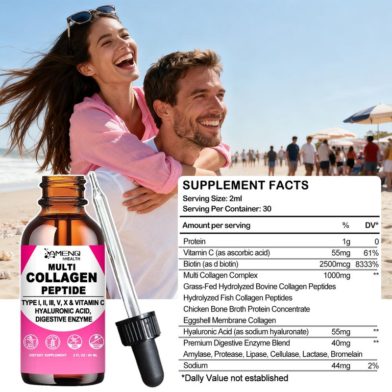 Multi Collagen Peptides Liquid Drops for Women & Men, Hydrolyzed Collagen Peptides Type (I, II, III, V, X)Proteins Complex W. Hyaluronic Acid, Biotin & Vitamin C, Support Hair Skin Joint & Gut Health