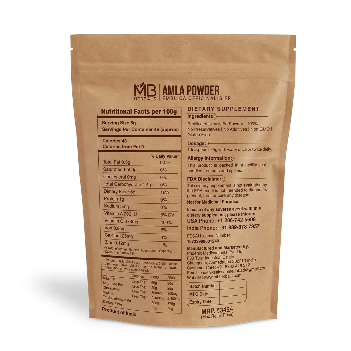MB Herbals De-Seeded Amla Powder – 8 oz / ½ LB (227g) | Pure Amalaki Powder from Amla Berries Pulp | Seed-Free & Natural