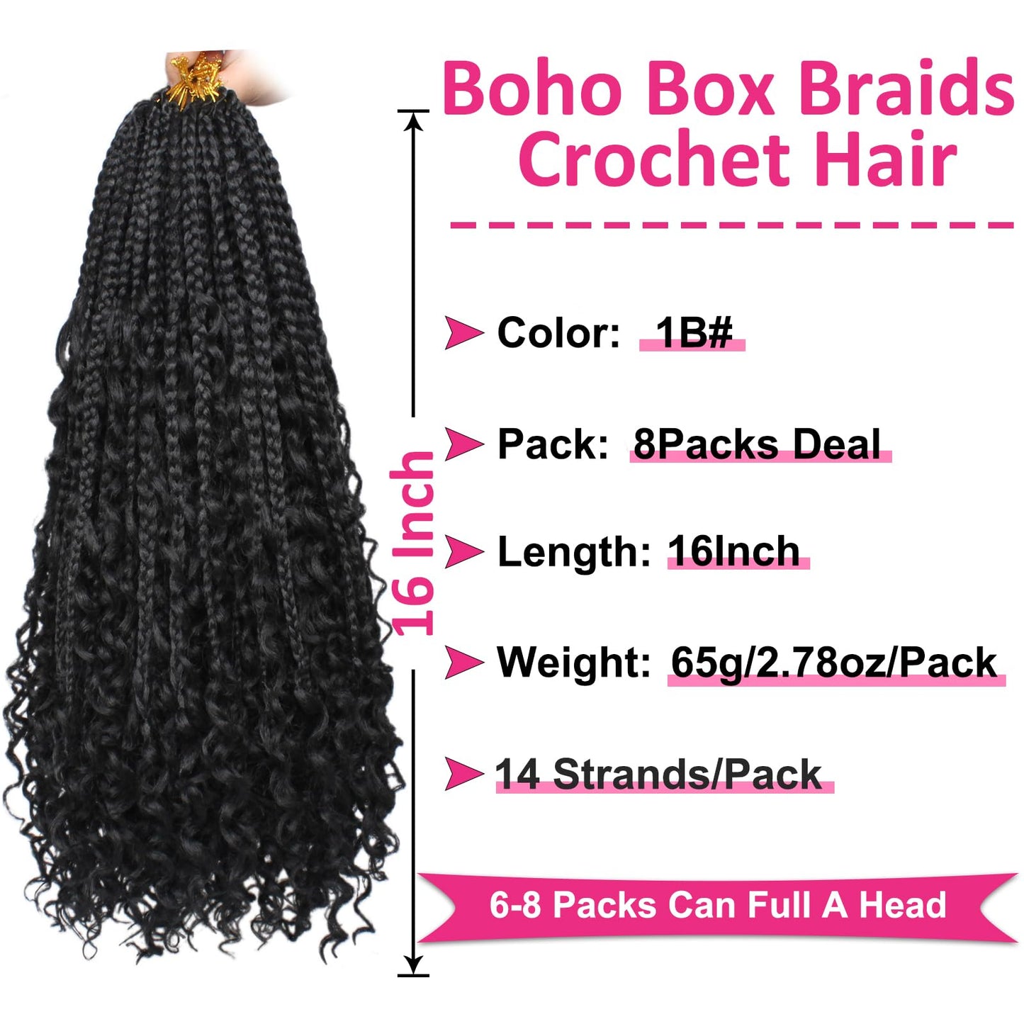 Unionbeauty Boho Box Braids Crochet Hair 16 Inch Black Goddess Box Braids Crochet Hair Curly Ends 8 Packs Bohemian Hippie Box Braids Synthetic Braiding Hair for Black Woman Crochet Box Braids 1B#