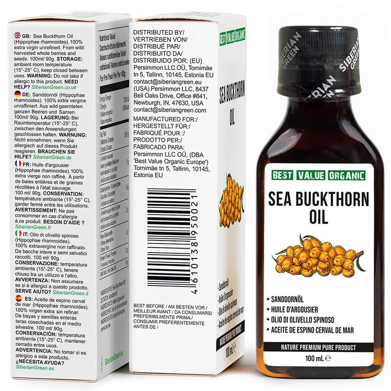 Siberian Sea Buckthorn Oil 100 Ml, Non-GMO, Unrefined, First Cold Pressed, Raw, Natural - 3.4 Fl Oz from wild harvested berries and seeds