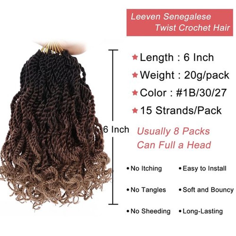Leeven 6 Inch Short Senegalese Twist Crochet Hair with Curly Ends 8 Packs Ombre Brown to Blonde Pre Looped Small Wavy Hanava Twist 3 Tone Synthetic Crochet Braids for Women Girl Kids