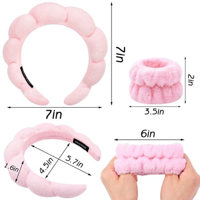 Zkptops Spa Headband for Washing Face Wristband Sponge Makeup Skincare Headband Terry Cloth Bubble Soft Get Ready Hairband for Women Girl Puffy Padded Headwear Non Slip Thick Hair Accessory(Pink)