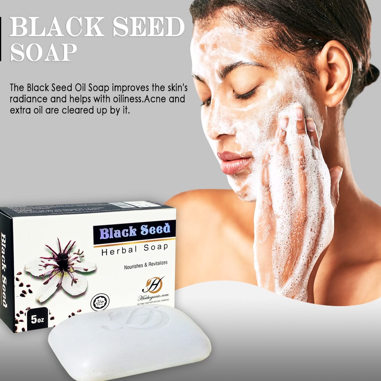 HERBOGANIC Black Seed Herbal Soap | Natural Bar Soap for Face and Body | Nourishing and Revitalizing | Infused with Black Seed | Gentle for Men and Women | 5 Oz (Pack of 1)