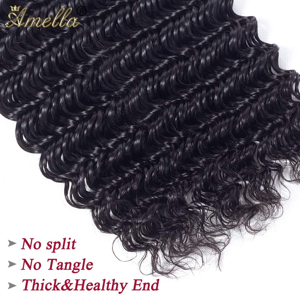 Amella Hair Brazilian Deep Wave Hair Bundles 22Inch 100% Unprocessed 1 Bundle Deep Wave Hair Weave Bundles Deep Curly Human Hair Bundles Natural Color