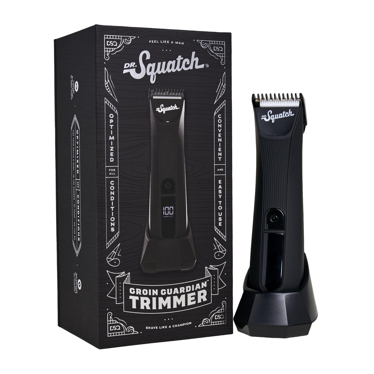 Dr. Squatch Groin Guardian Electric Trimmer with Squatch-Shield Technology - Cordless Body Hair Trimmer with Built-in LED Light, Black