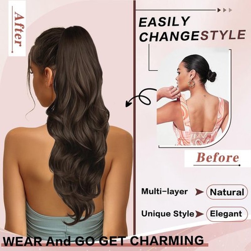 CHRSHN Ponytail Extension, Drawstring Ponytail Extension for Women 23 Inch Long Brown Wavy Pony Tails Hair Extensions Synthetic Clip in Ponytail Hairpiece for Women (Medium Brown)