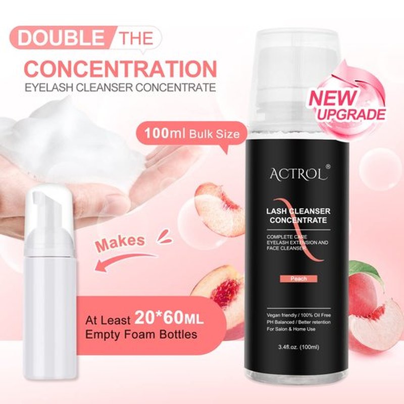 ACTROL Eyelash Cleanser Concentrate 100ml Peach Professional Lash Shampoo Foaming Cleanser DIY Paraben & Sulfate Free Non-lrritating Wash for Extensions Lashes with Salon Care-Makes 20 Bottles
