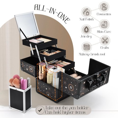 Joligrace Makeup Train Case Cosmetic Organizer Box Lockable with 3 Trays and a Brush Holder Pattern Collection - Star Chart