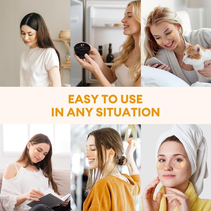 LJ KuKu Lady Under Eye Patches Gold Essence Hydrogel Eye Masks for Puffy Eyes and Dark Circles Caffeine Hyaluronic Acid & Niacinamide Deep Hydrating Eye Mask for Men & Women 60 PCS (Gold)