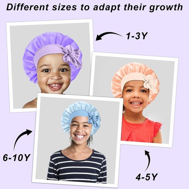 3Pcs Kids Silk Satin Bonnet for Sleeping - Baby Hair Sleep Bonnet,Kids Bonnets for Girls Toddler Child with Wide Elastic Tie Band,Sleep Cap Night Hair Hats for Curly Natural Hair(Purple+Blue+Gold)