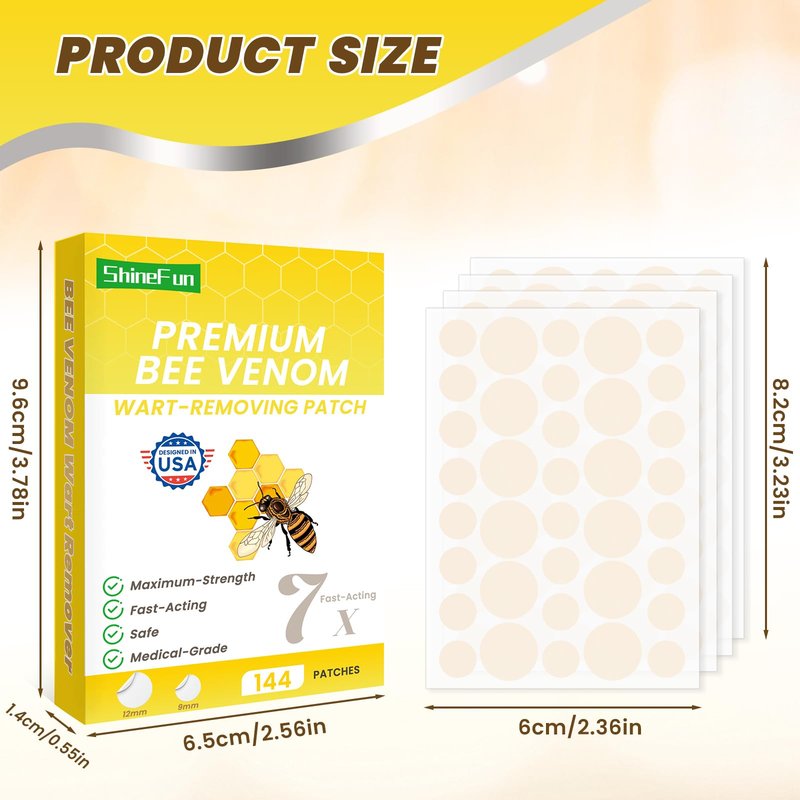 ShineFun Maximum-Strength Bee Venom Wart Remover Patches - Fast-Acting, Painless & Portable | Ideal for Sensitive Skin, Pain-Averse Users & All Skin Tones | 144 Count