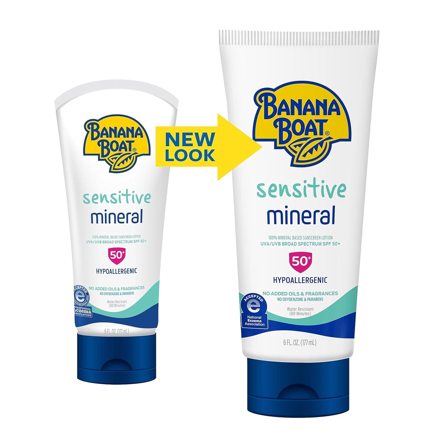 Banana Boat Sensitive 100% Mineral Sunscreen Lotion SPF 50 Twin Pack | Body Sunscreen, Sensitive Skin Sunblock, Oxybenzone Free Sunscreen, Banana Boat Mineral Sunscreen SPF 50, 6oz each