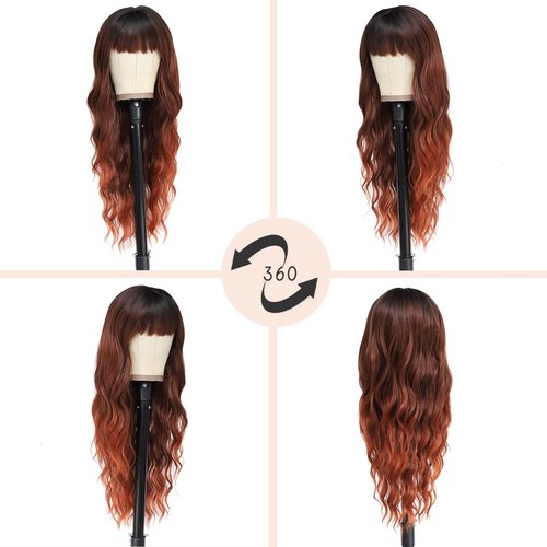 NAYOO Auburn Wigs with Bangs for Women Long Curly Wavy Hair Wigs Heat Resistant Synthetic Fiber Wigs for Daily Party Use 26 Inches (Ombre Auburn)