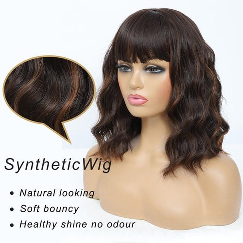 Amarlis 14 Inch Brown Highlight Bob Wig with Bangs for Women, Natural Looking Heat Resistant Synthetic Bob Wigs for Daily Party Use