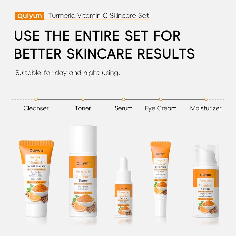 QUIYUM Skin Care Set, Turmeric Vitamin C Skincare Kits 5PCS - Beauty Facial Skin Care Routine Set Kit for Women, Dark Spot Remover for Face, Reduce Acne, Even Tone, Glow, Valentine's Day Birthday Gift
