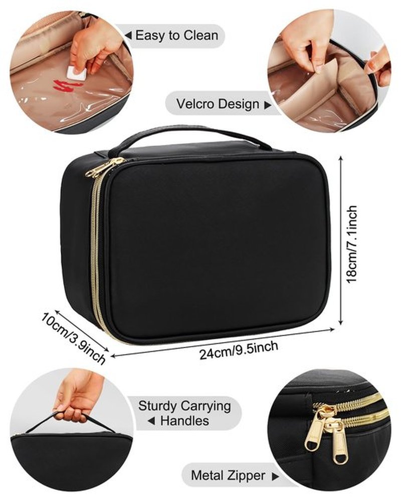 Black Makeup Bag, Travel Makeup Bag Cosmetic Bag, Makeup Brush Holder Organizer with Dividers, Travel Makeup Case for Women, Large Toiletry Bag Cosmetic Case, Black
