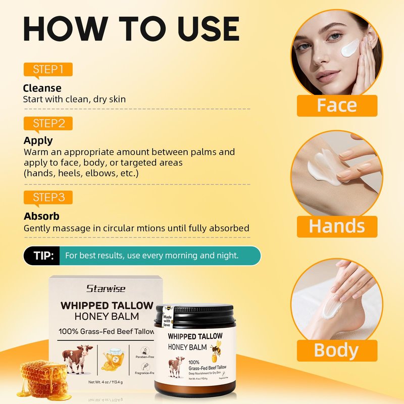 Starwise Beef Tallow for Skin, 100% Grass-Fed Whipped Beef Tallow and Honey Balm, Moisturizer for Face & Body, Natural Formula with Organic Jojoba Oil, Shea Butter for Dry, Sensitive Skin