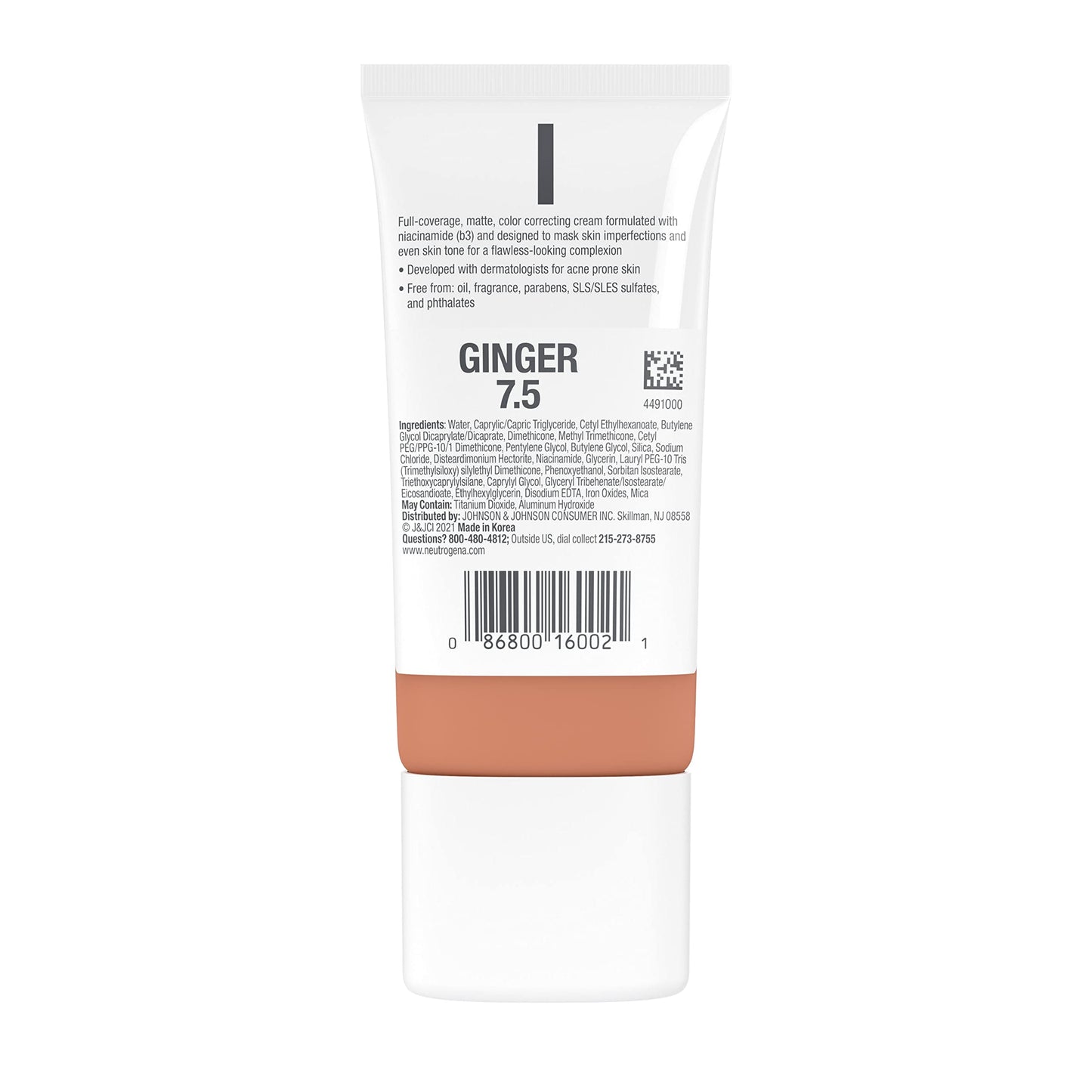 Neutrogena Clear Coverage Flawless Matte CC Cream, Full-Coverage Color Correcting Cream Face Makeup with Niacinamide (b3), Hypoallergenic, Oil Free & Fragrance Free, Ginger, 1 oz