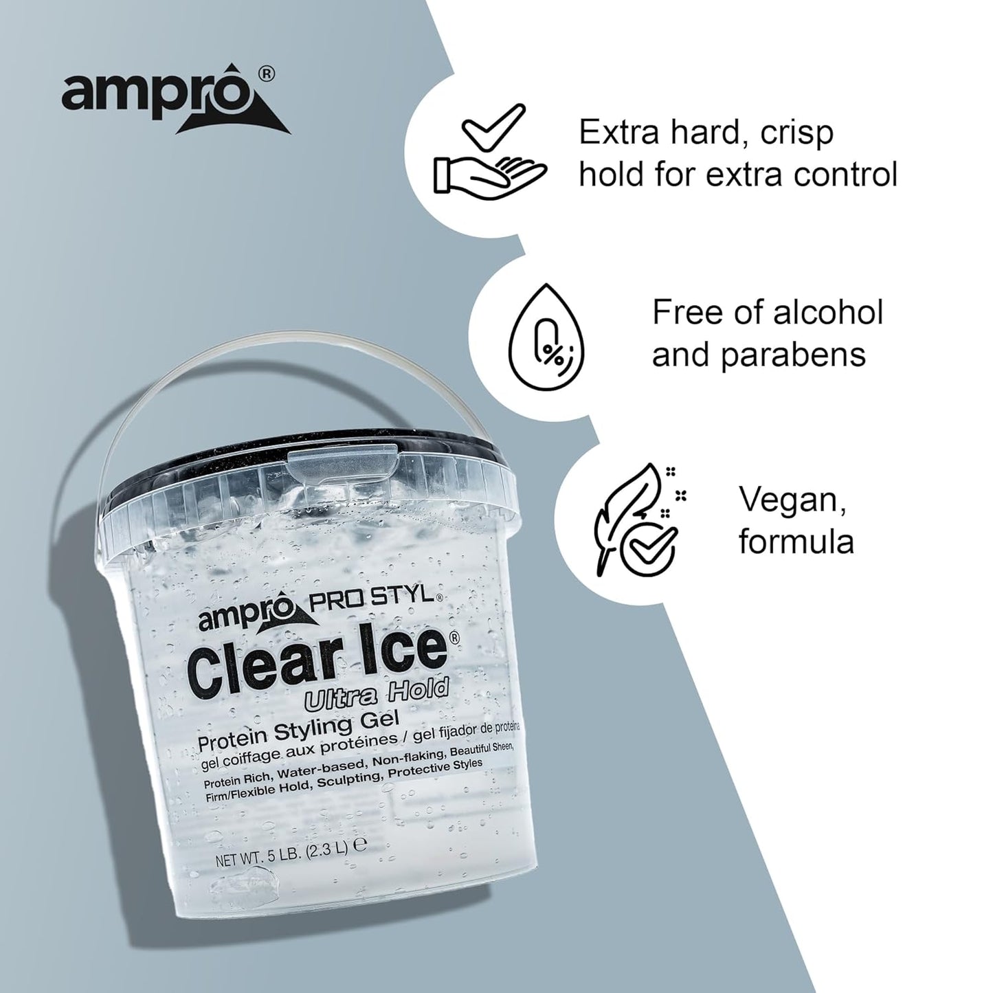 AmPro Pro Styl Clear Ice Styling Gel - Protects and Strengthens Your Strands - Non-Flaking, Alcohol Free, Vegan Formula - Flexible, Touchable Hold for All Hair Types - 80 oz