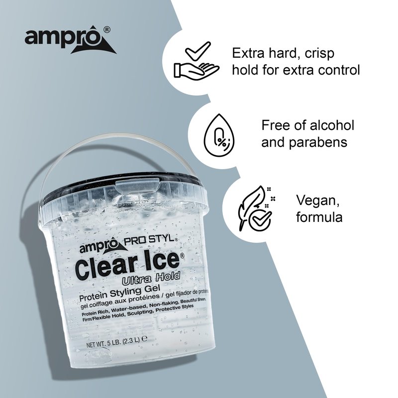 AmPro Pro Styl Clear Ice Styling Gel - Protects and Strengthens Your Strands - Non-Flaking, Alcohol Free, Vegan Formula - Flexible, Touchable Hold for All Hair Types - 80 oz
