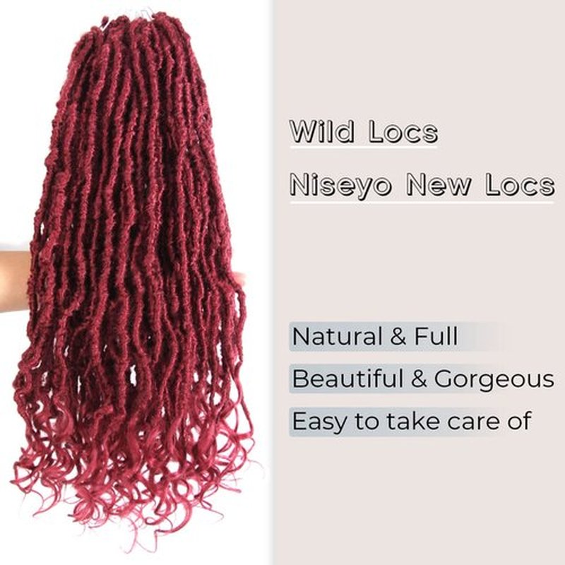 Niseyo Wild Locs 14 Inch Distressed New Faux Locs with Curly Ends 8 Packs Long Soft Pre-looped Goddess Locs Crochet Hair (118#, Burgundy)