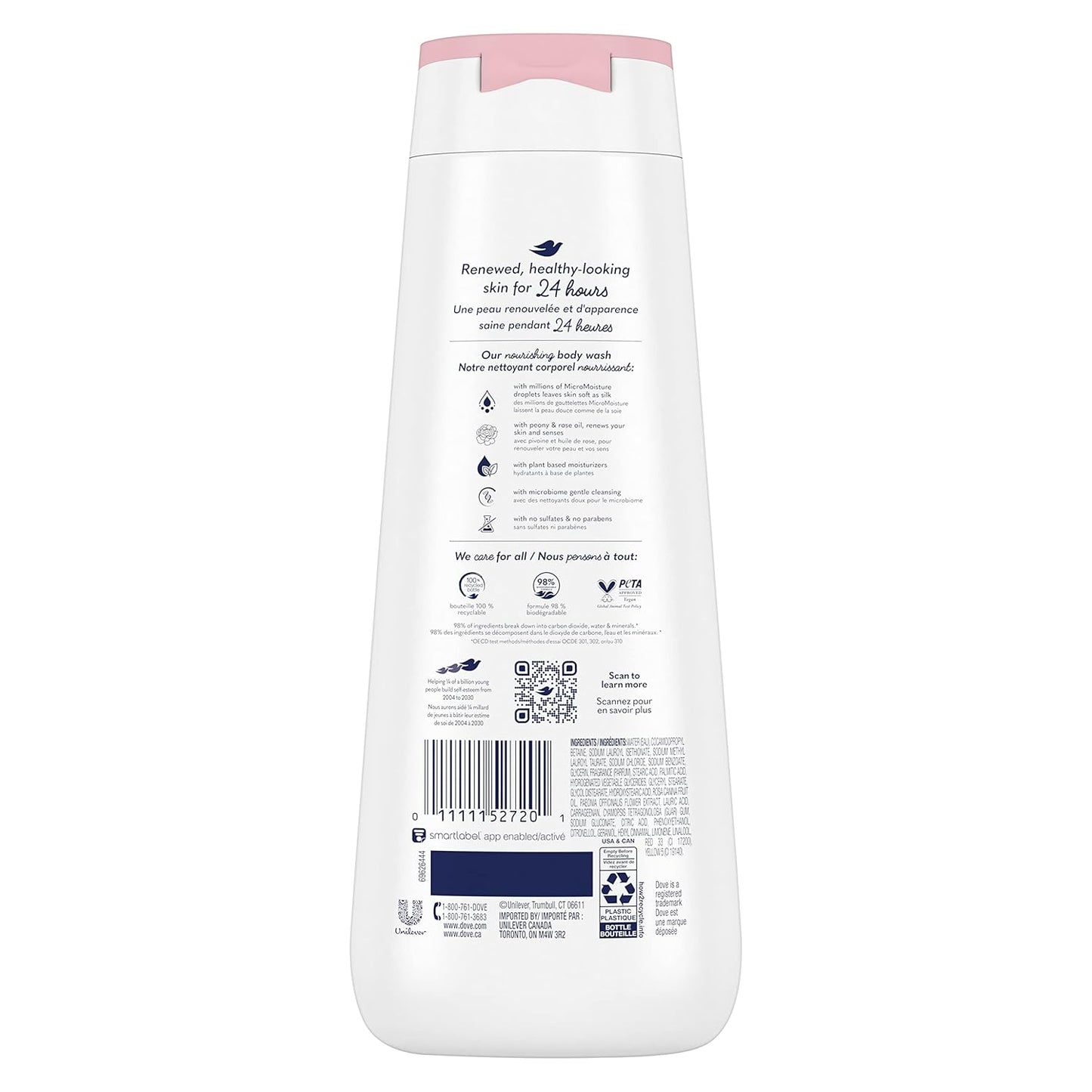 Dove Body Wash 100% Gentle Cleansers, Sulfate Free Peony and Rose Oil Effectively Washes Away Bacteria While Nourishing Your Skin, 22 Fl Oz (Pack of 4)