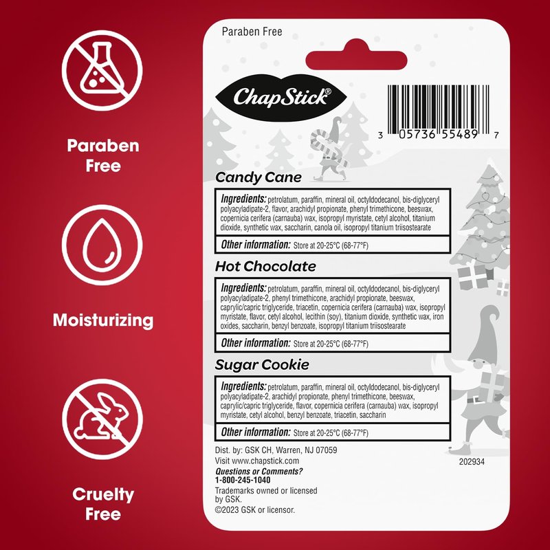 ChapStick Holiday Hot Chocolate, Candy Cane and Sugar Cookie Lip Balm, 0.15oz, 3 pack