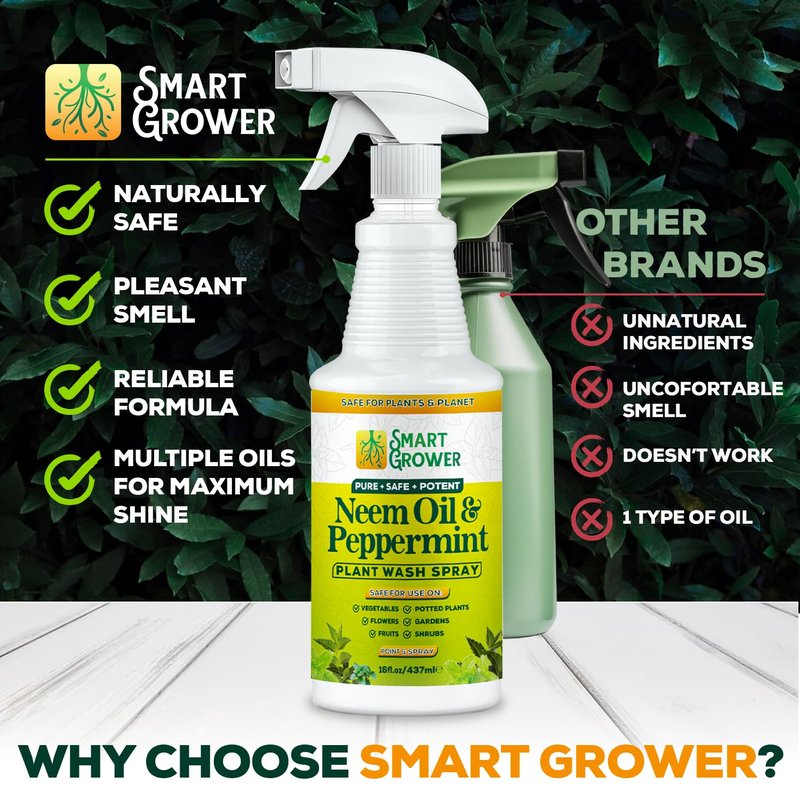 Neem Oil Spray for Plants with Peppermint Oil, Natural Plant Wash Made for Indoor and Outdoor Plants Smart Grower 16oz Easy Ready to Use Spray