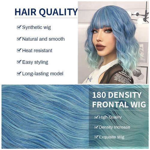 MUPUL Ombre Blue Wig Short Body Wavy Bob Wigs for Women With Bangs Shoulder Length Synthetic Cosplay Party Wig for Girls Daily Use Colorful Wigs