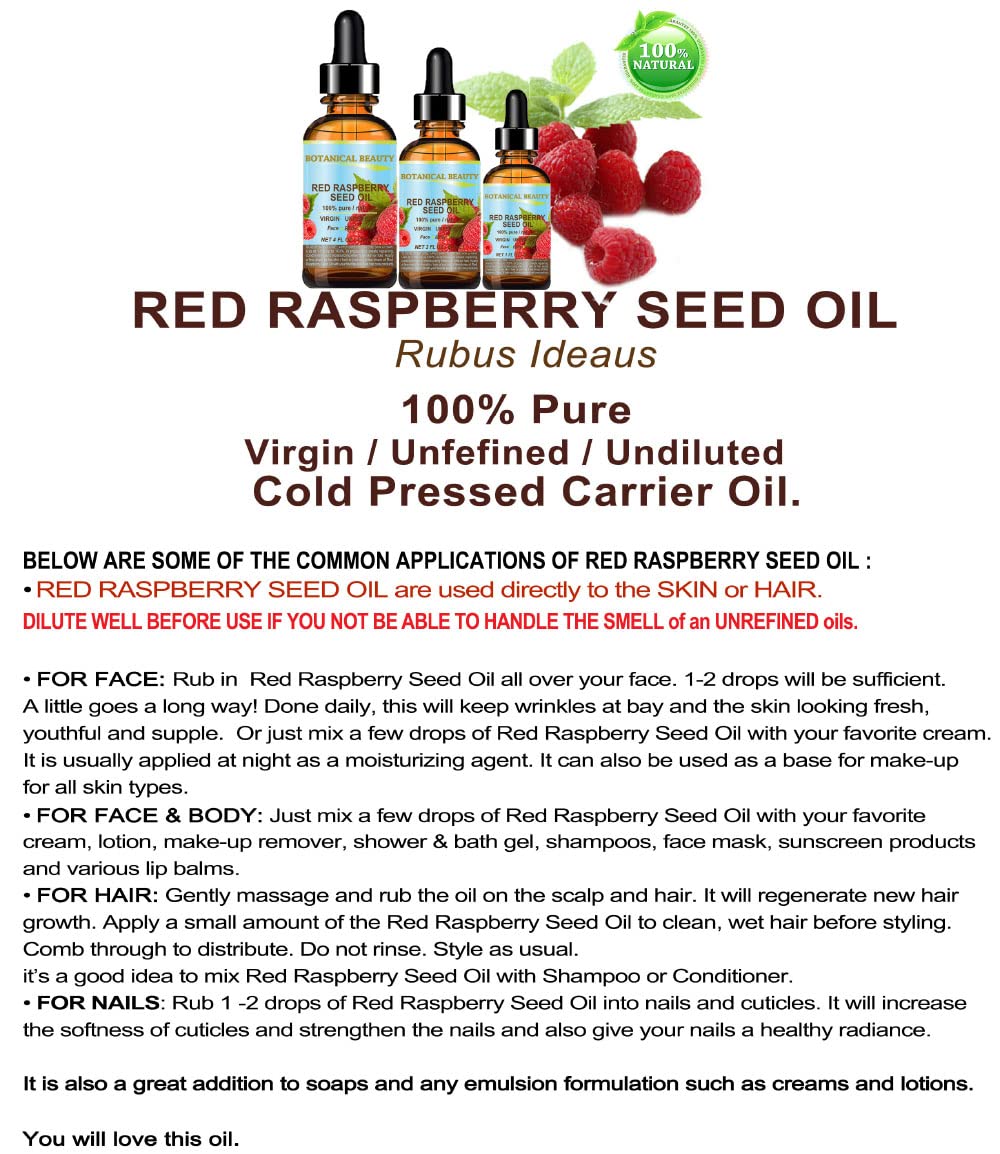Botanical Beauty RED RASPBERRY SEED OIL 100% Pure Natural Virgin Unrefined Undiluted Cold Pressed Carrier Oil for Face, Skin, Hair, Body, Nails. Rich in Vitamin C, Vitamin E (1 Fl Oz)