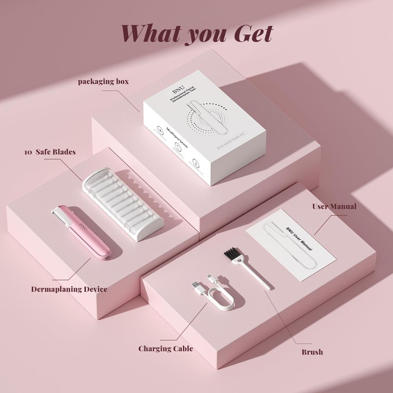 Dermaplane Razor for Women Face, BNU Facial Hair Remover for Anti-Aging, Rechargeable, LED Light, Sonic Edges, 3 Speeds, Ergonomic Handle Face Dermaplaning Tool 10 Blades Pink