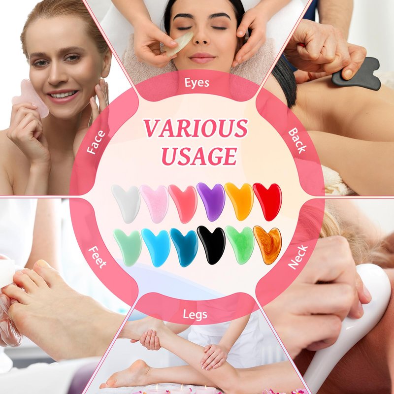 Tasdurian 120 Pcs Gua Sha Facial Tools Bulk Resin Gua Sha Massage Tool Heart Shaped Guasha Stone Board for Woman Face Acupuncture, Jawline Sculpting, Puffiness Reducing, Skin Care Gift, 12 Colors