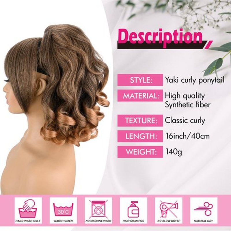 UAmy Hair Curly Ends Long Yaki Striaght Drawstring Ponytail with Bangs for Black Women Synthetic 18inch Loose Curly Ends Kinky Straight Drawstring Ponytail with Bangs For Daily Party Use(T1B/27)