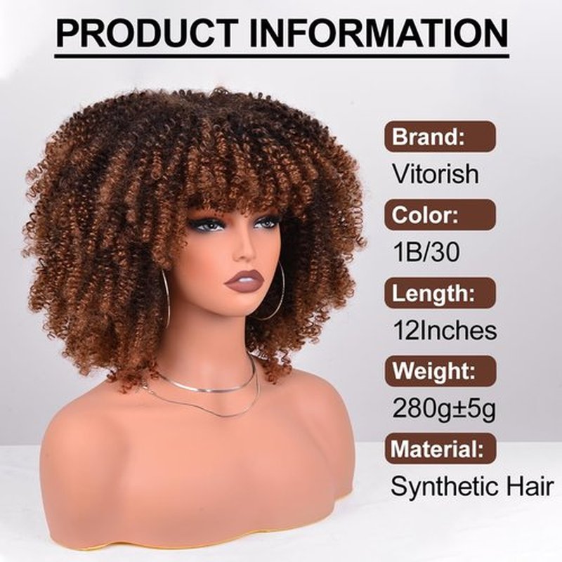 Vitorish Synthetic Hair Wig 12 Inches Curly Afro Wig With Bangs about 280g/Piece Full Machine Made Scalp Top Wig Afro Kinky Curly Synthetic Hair Cosplay Wig (Black to Brown)