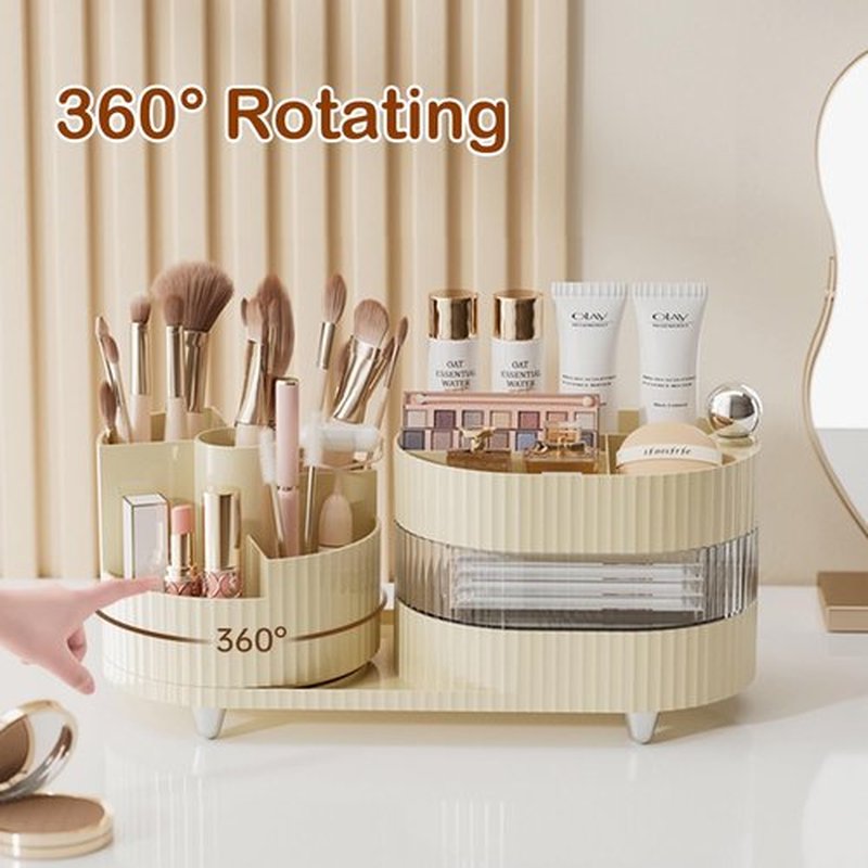 Artcochan Makeup Organizer Countertop 360°Rotating Makeup Organizer for Vanity - Make Up & Jewelry Storage Cosmetic Storage Holder with Makeup Brush Holder and Jewelry Storage (3 Tiers, Cream)