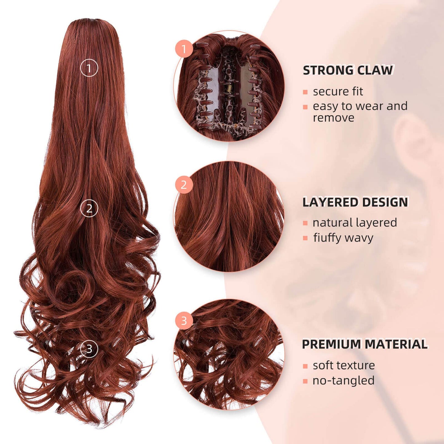 HEWEICSY Ponytail Extensions,Hair Extension Ponytail 22" Long Claw Hair Extension Synthetic Curly Wavy Hairpieces Ponytail Clip in Ponytail Wig Daily Fluffy Pony Tail for Women,4.8 OZ,Auburn