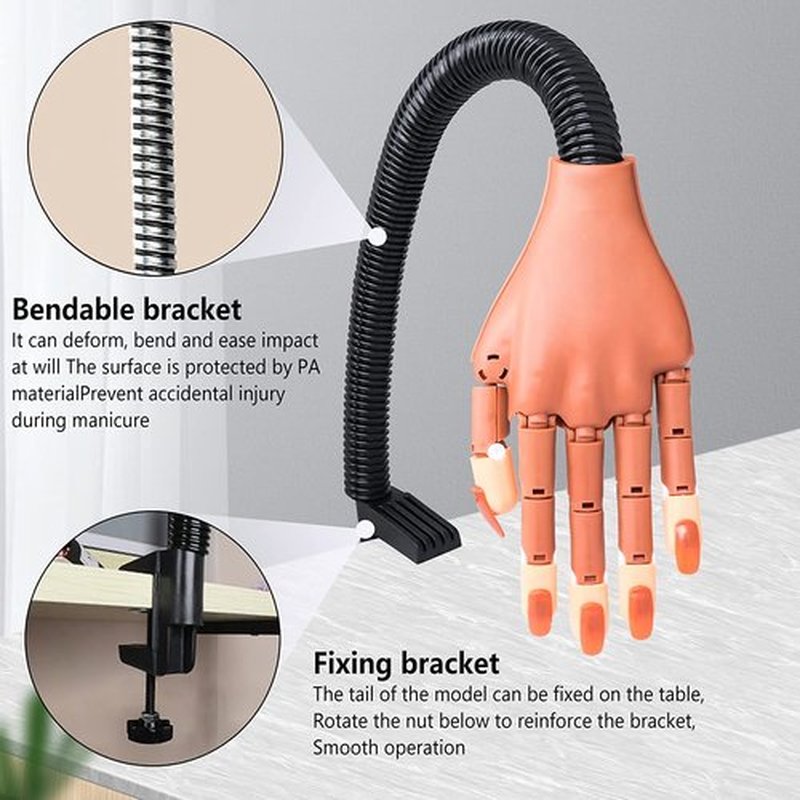 Practice Hand for Acrylic Nails, Adjustable Fake Mannequin Hands for Nails Practice, Flexible Movable Nail Tools Kits Practice Hand with Nail File, Clipper and 100pcs Coffin Nail Tips