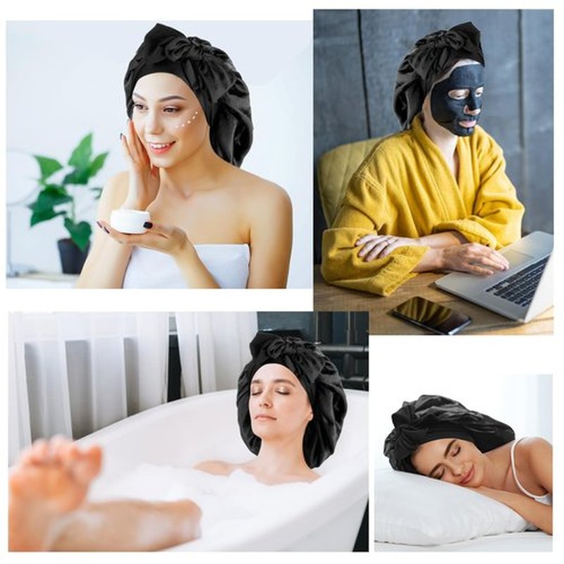 Arqumi 2 Pcs Satin Sleeping Bonnet, Large Satin Sleep Bonnet with Long Strap Tie Band, Adjustable Sleep Night Cap Hair Bonnet for Women & Men, Black+Black