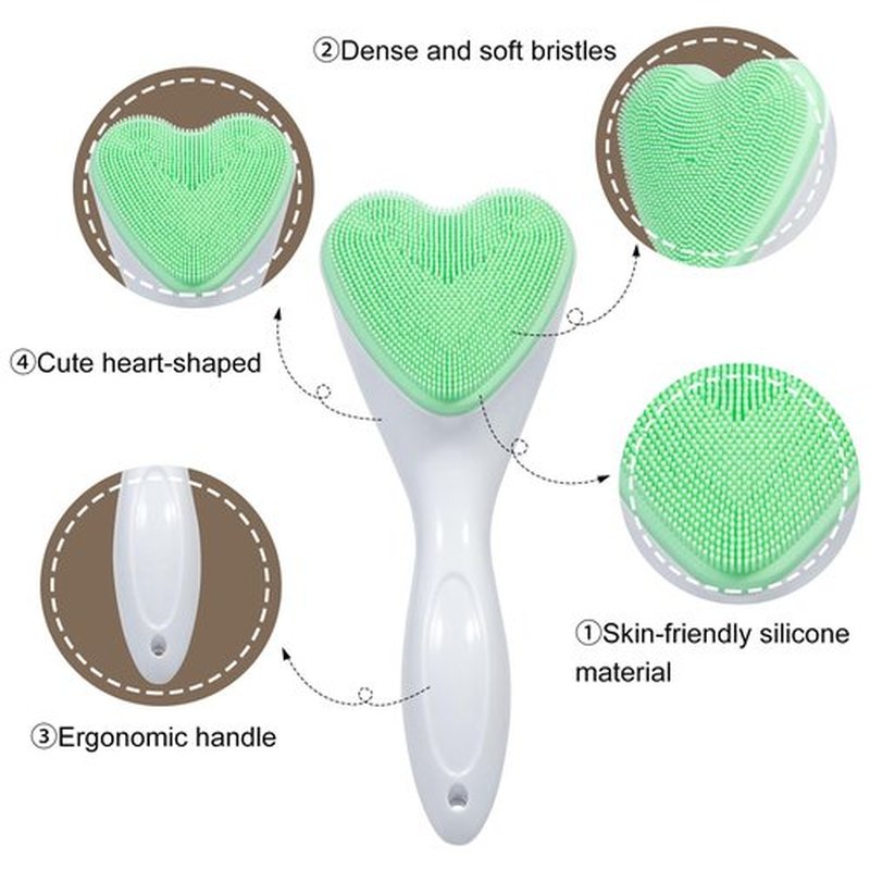 Beomeen Silicone Face Scrubber Exfoliating Brush 2 Pack, Manual Handheld Facial Cleansing Brush Blackhead Scrubber, Soft Bristles Waterproof for Face Skincare (Black Green,Heart)
