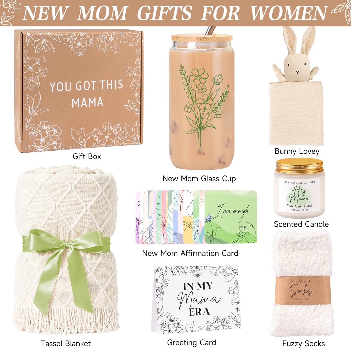 New Mom Gifts, New Mom Care Package After Baby, Baby Shower Gifts for Mom to Be, Pregnancy Gifts for Expecting Mother, Unique 16OZ Mama Glass Cup Knitted Blanket Gift Baskets for Women (Green)