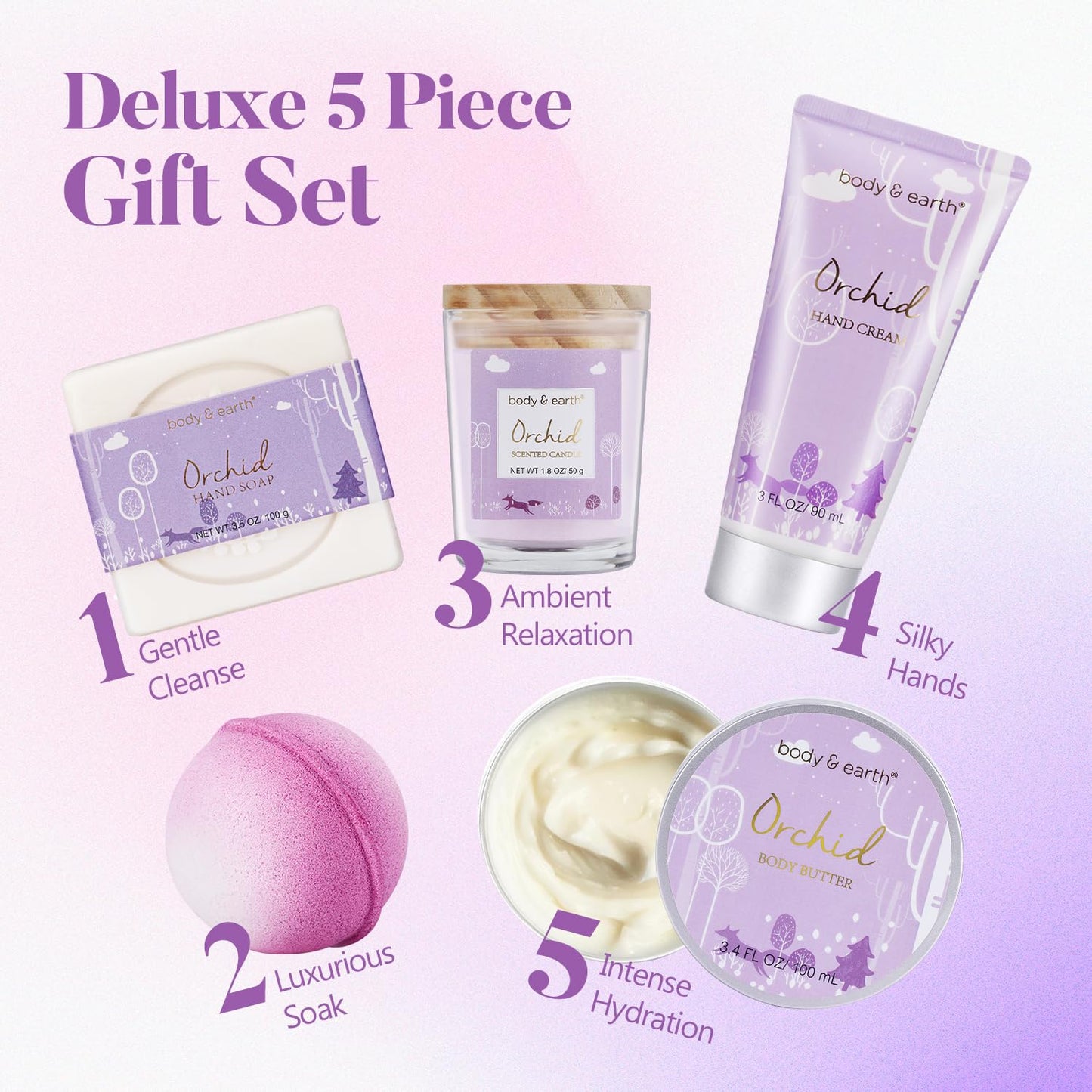 Spa Gifts for Women, Body & Earth 5 Pcs Gifts for Women Orchid Gift Sets for Women, Bath and Body Gifts Set, Valentines Day Gifts for Women, Self Care Bath Gifts for Women