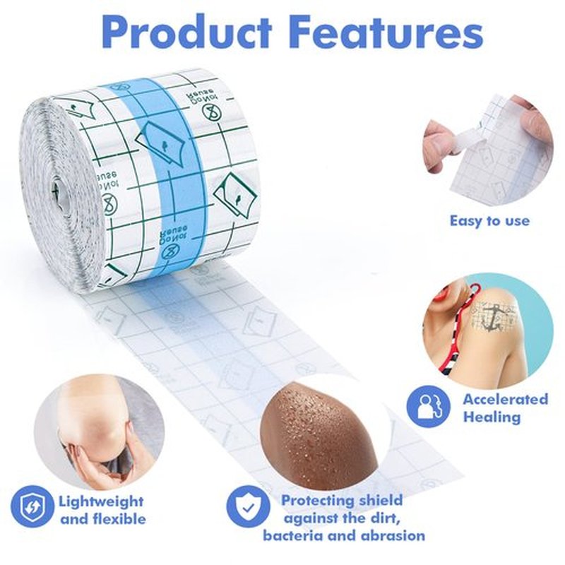 Tattoo Aftercare Waterproof Bandage (2 in x10.9 yd Roll) Second Skin Wound Healing Protective Skin Adhesive Bandages Transparent Dressing Bandages Tattoo Supplies
