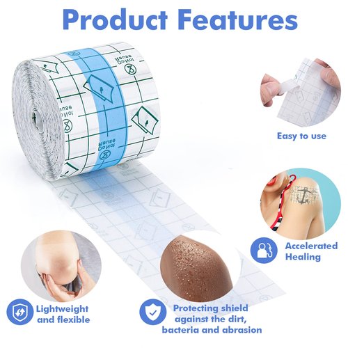 Tattoo Aftercare Waterproof Bandage (2 in x10.9 yd Roll) Second Skin Wound Healing Protective Skin Adhesive Bandages Transparent Dressing Bandages Tattoo Supplies