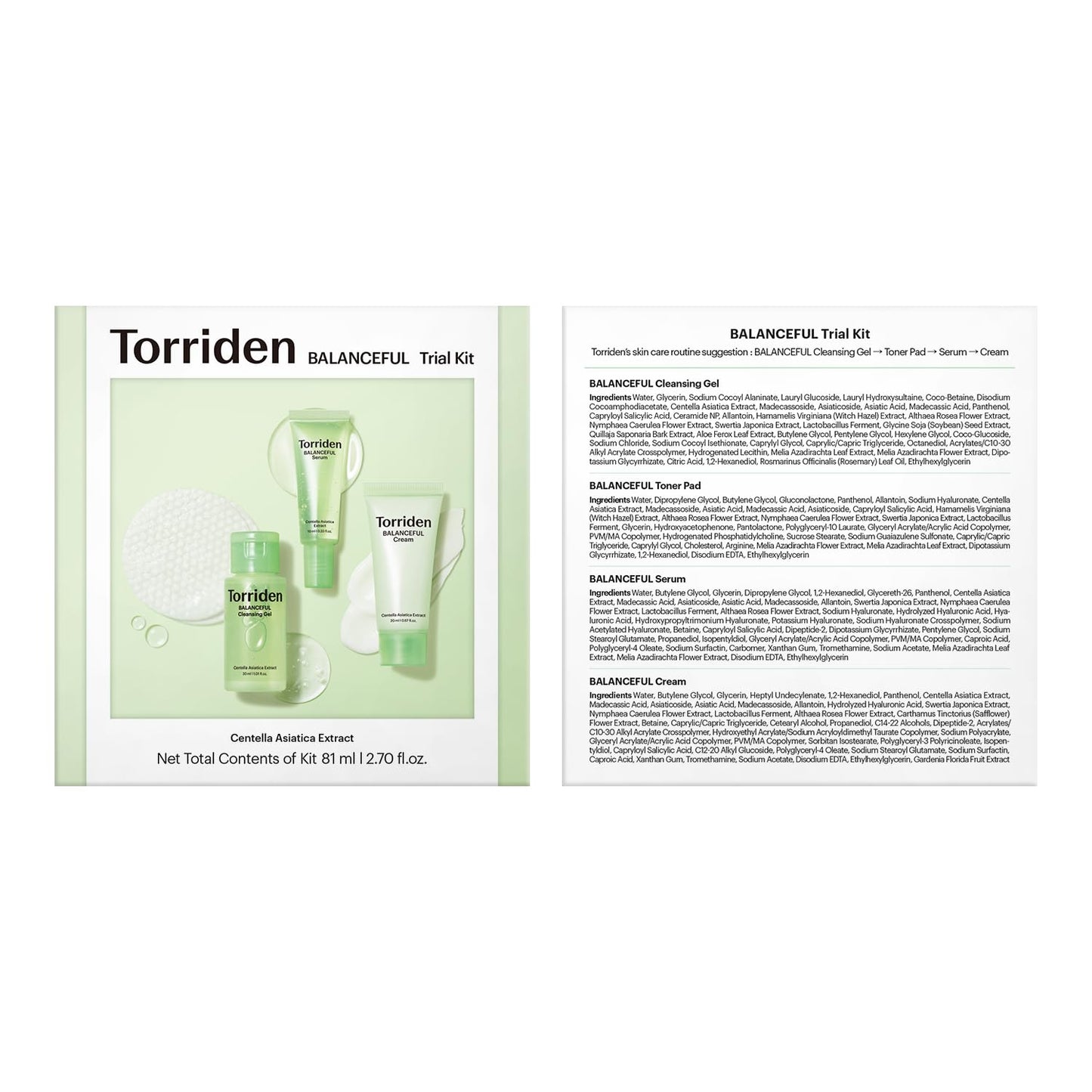 Torriden BALANCEFUL Cica Trial Kit, 5D Cica Infused Daily Skincare Kit - 4 Step Regimen with Cleansing Gel, Toner Pad, Serum, and Cream | Travel Essential | Korean Skin Care Set