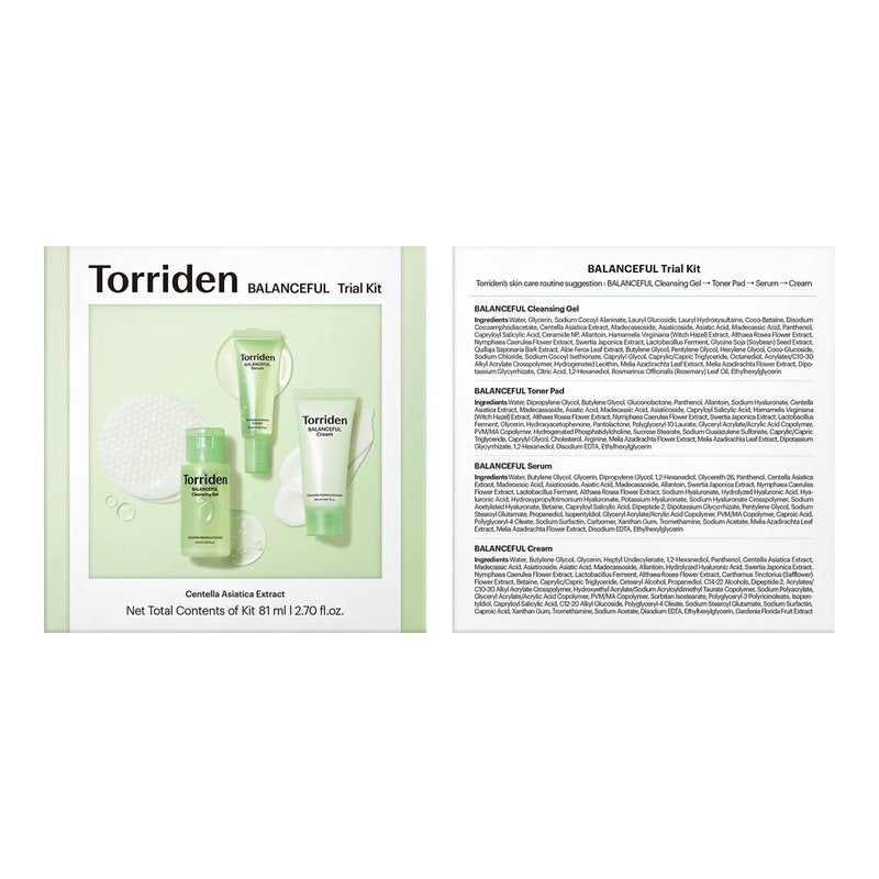Torriden BALANCEFUL Cica Trial Kit, 5D Cica Infused Daily Skincare Kit - 4 Step Regimen with Cleansing Gel, Toner Pad, Serum, and Cream | Travel Essential | Korean Skin Care Set