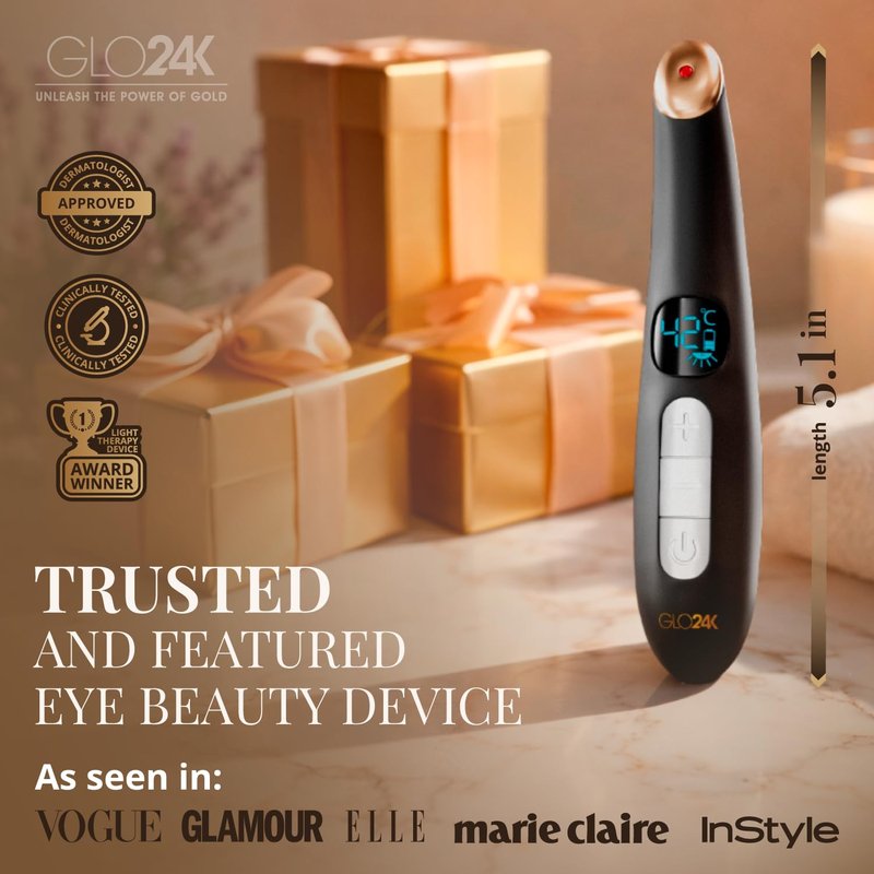 GLO24K Heated Eye Wand & Eye Massager Tool - Gentle Warmth & Vibration for Smoother-Looking Skin, Refreshing Under-Eyes Massage, Portable Beauty Device