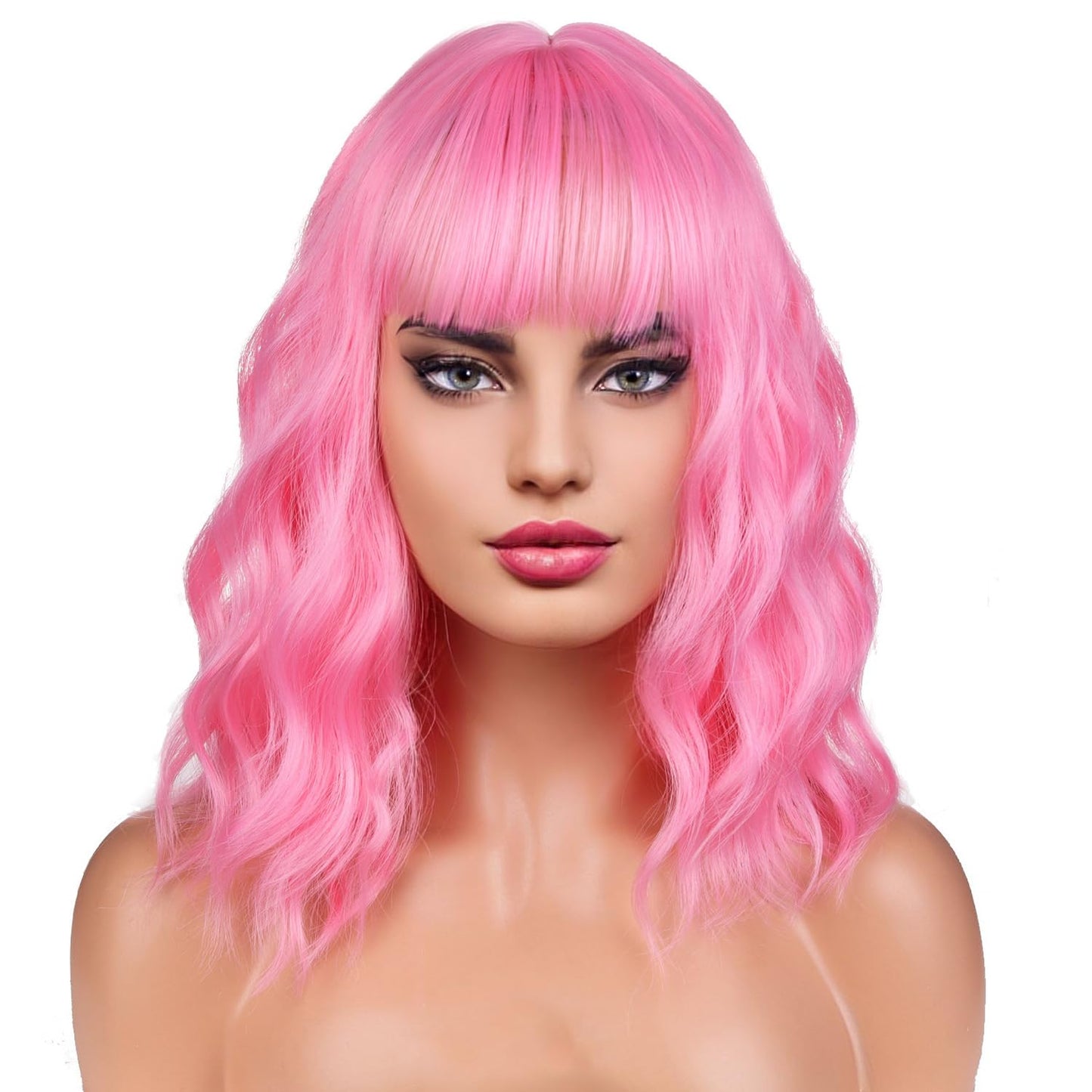 BERON 14 Inches Pink Wig for Women Short Curly Wig Pink Wig with Bangs Pink Bob Wig for Daily Party Wig Cap Include